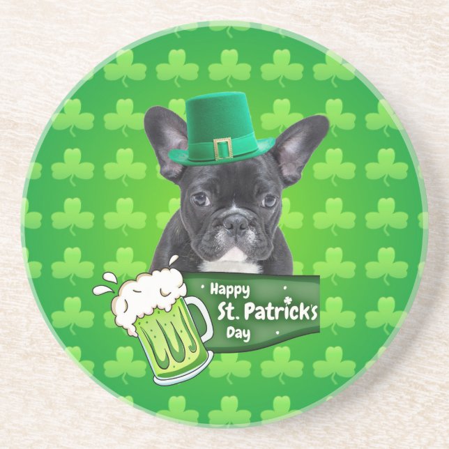 Cute French Bulldog Puppy Hat St. Patrick Day Coaster (Front)