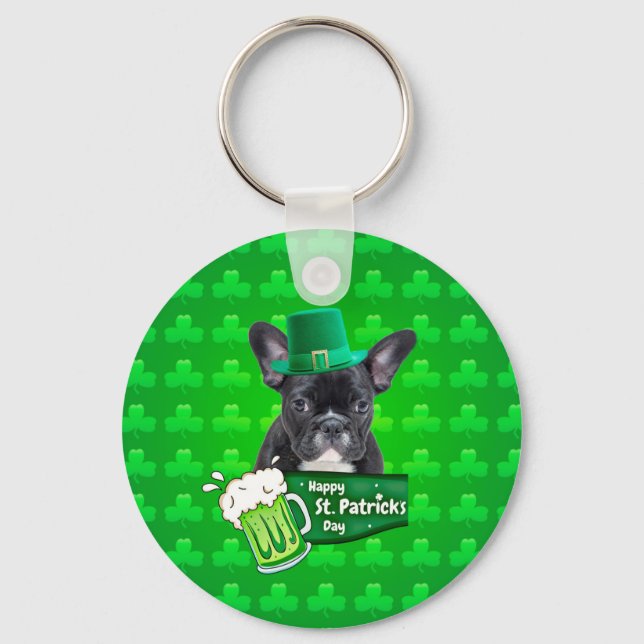 Cute French Bulldog Puppy Hat St. Patrick Day Key Ring (Front)