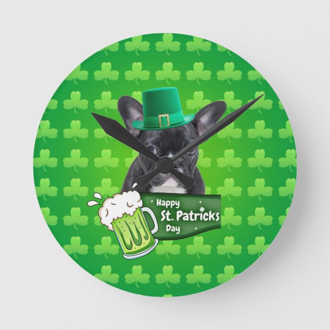 Cute French Bulldog Puppy Hat St. Patrick Day Round Clock (Front)
