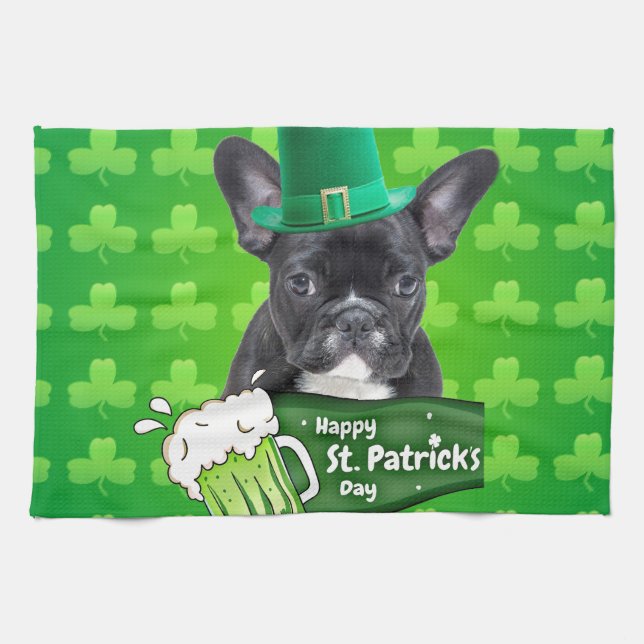 Cute French Bulldog Puppy Hat St. Patrick Day Tea Towel (Horizontal)