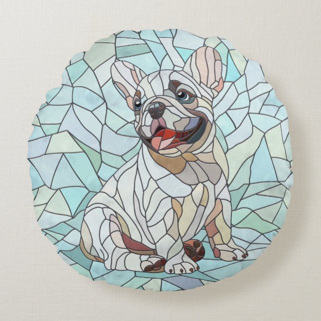Cute French Bulldog Puppy - pastel mosaic Round Cushion (Front)