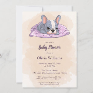 Cute French Bulldog Puppy Pink Blanket Baby Shower Invitation