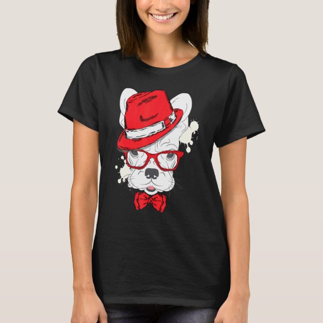 Cute French Bulldog Puppy Wear A Hat And Glasses T-Shirt (Front)
