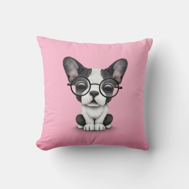 Cute French Bulldog Puppy with Glasses, pink Cushion (Front)