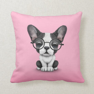 Cute French Bulldog Puppy with Glasses, pink Cushion