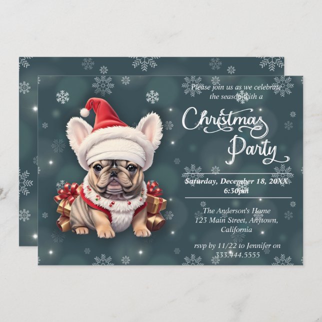 Cute French Bulldog Qanta Hat Christmas Party Invitation (Front/Back)