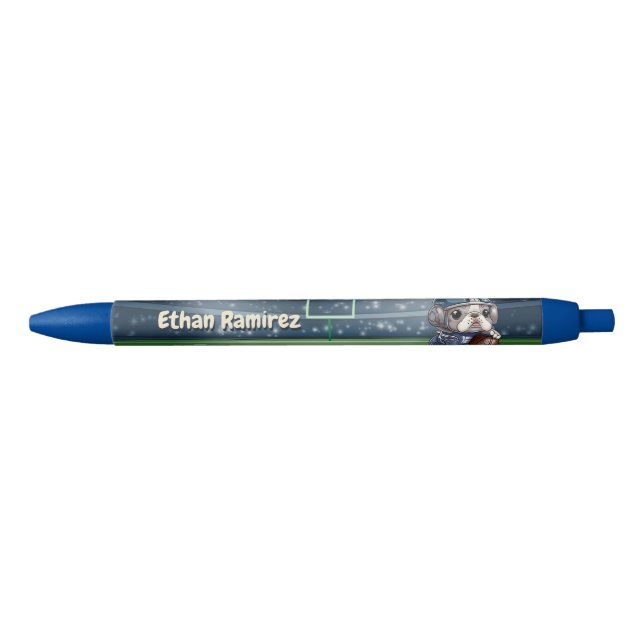 Cute French bulldog quarterback stadium cartoon Black Ink Pen (Front)
