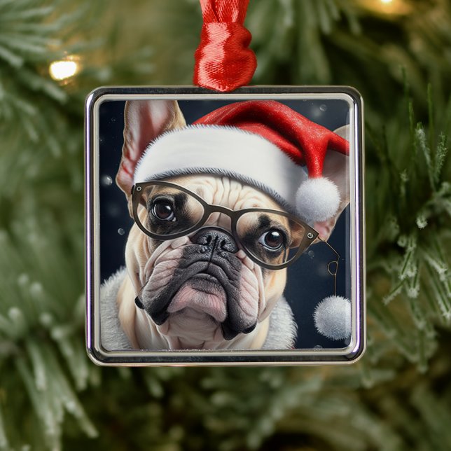 Cute French Bulldog Santa Christmas Holiday Design Metal Ornament (Tree)