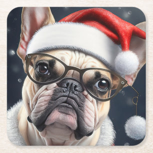 Cute French Bulldog Santa Christmas Holiday Design Square Paper Coaster