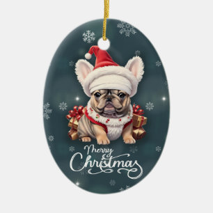 Cute French Bulldog Santa Hat Merry Christmas Ceramic Ornament
