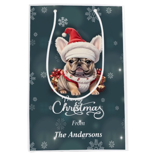 Cute French Bulldog Santa Hat Merry Christmas Medium Gift Bag (Front)