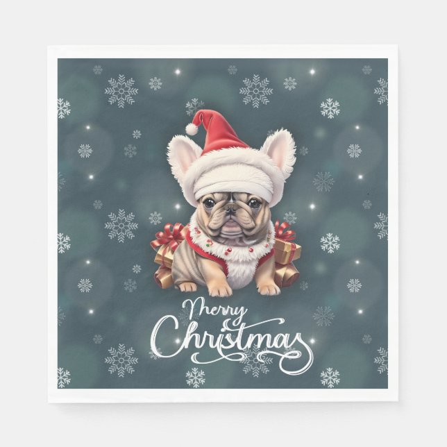 Cute French Bulldog Santa Hat Merry Christmas Napkin (Front)