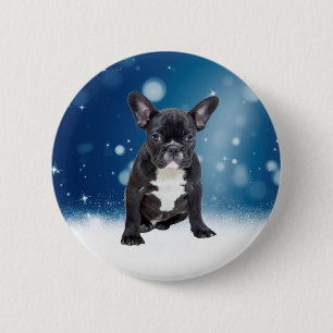 Cute French Bulldog Snow Stars Blue Christmas 6 Cm Round Badge