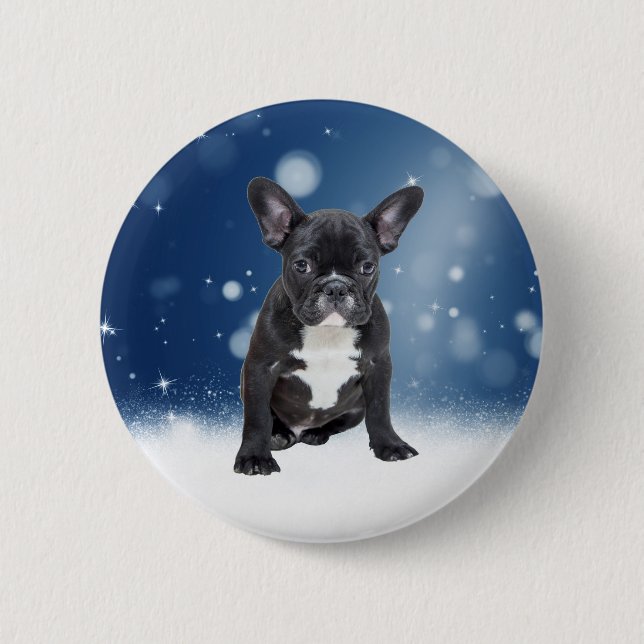 Cute French Bulldog Snow Stars Blue Christmas 6 Cm Round Badge (Front)