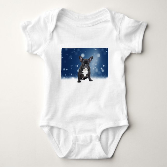 Cute French Bulldog Snow Stars Blue Christmas Baby Bodysuit (Front)