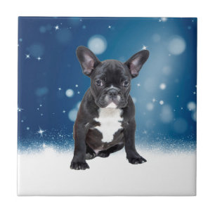 Cute French Bulldog Snow Stars Blue Christmas Ceramic Tile
