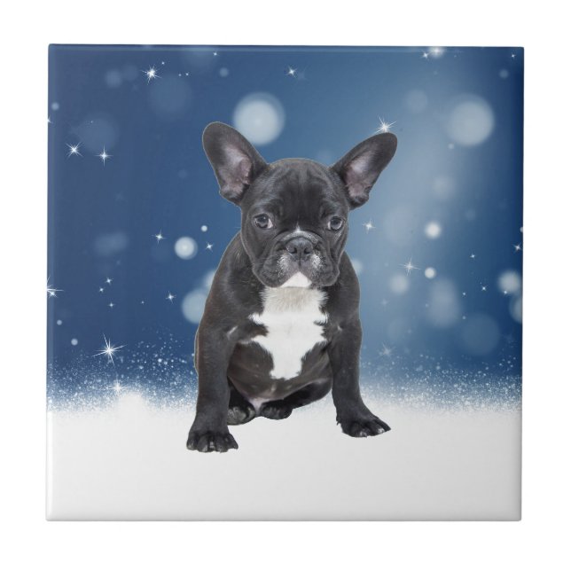Cute French Bulldog Snow Stars Blue Christmas Ceramic Tile (Front)