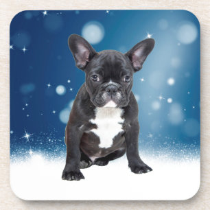 Cute French Bulldog Snow Stars Blue Christmas Coaster