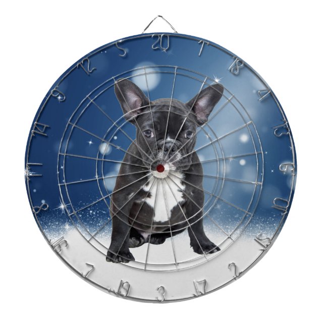 Cute French Bulldog Snow Stars Blue Christmas Dartboard (Front)