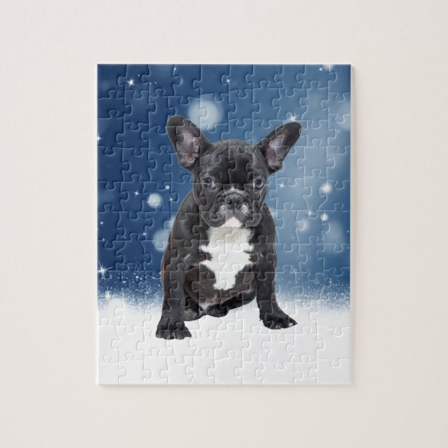 Cute French Bulldog Snow Stars Blue Christmas Jigsaw Puzzle (Vertical)