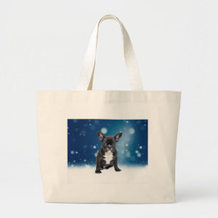 Cute French Bulldog Snow Stars Blue Christmas Large Tote Bag