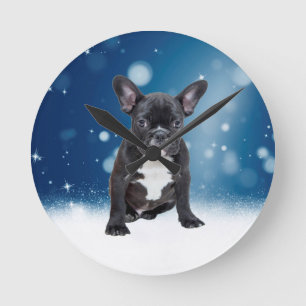 Cute French Bulldog Snow Stars Blue Christmas Round Clock