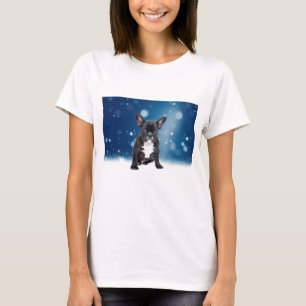 Cute French Bulldog Snow Stars Blue Christmas T-Shirt