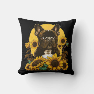 Cute French Bulldog Sunflower Lover Drawing Art Cushion