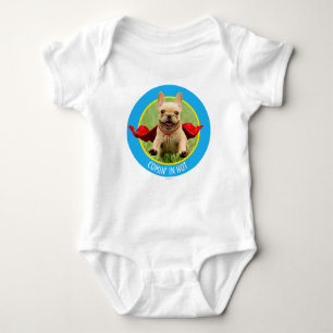 Cute French Bulldog Superhero Runs in Grass Baby Bodysuit