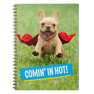 Cute French Bulldog Superhero Runs in Grass Notebook