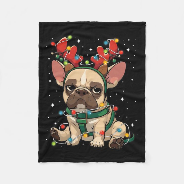 Cute French Bulldog Tangled Up In Christmas Lights Fleece Blanket (Front)