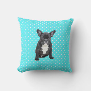 Cute French Bulldog w Blue Polka Dots Pillow