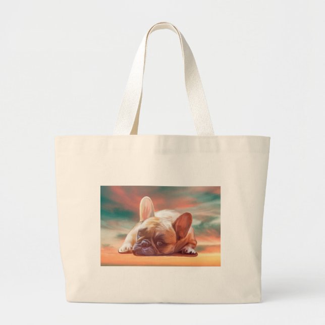 Cute French Bulldog Water Colour Art Painting Large Tote Bag (Front)