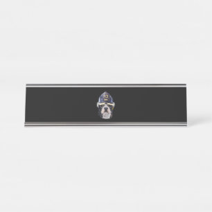 Cute French Bulldog Wearing Firefighter Helmet Desk Name Plate