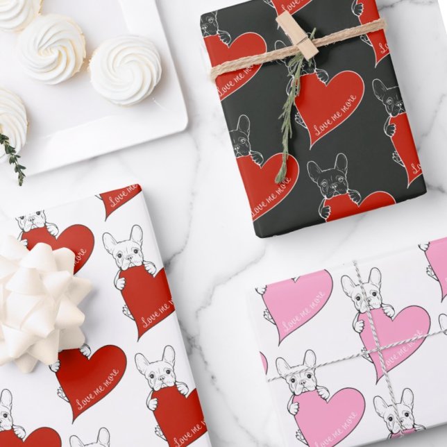 Cute French Bulldog with a Red Heart Wrapping Paper Sheet (Creator Uploaded)