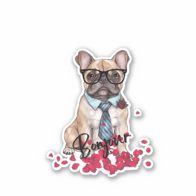 Cute French Bulldog with glasses and rose petals (Front)
