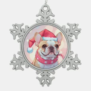 Cute French Bulldog with hat and scarf Snowflake Pewter Christmas Ornament