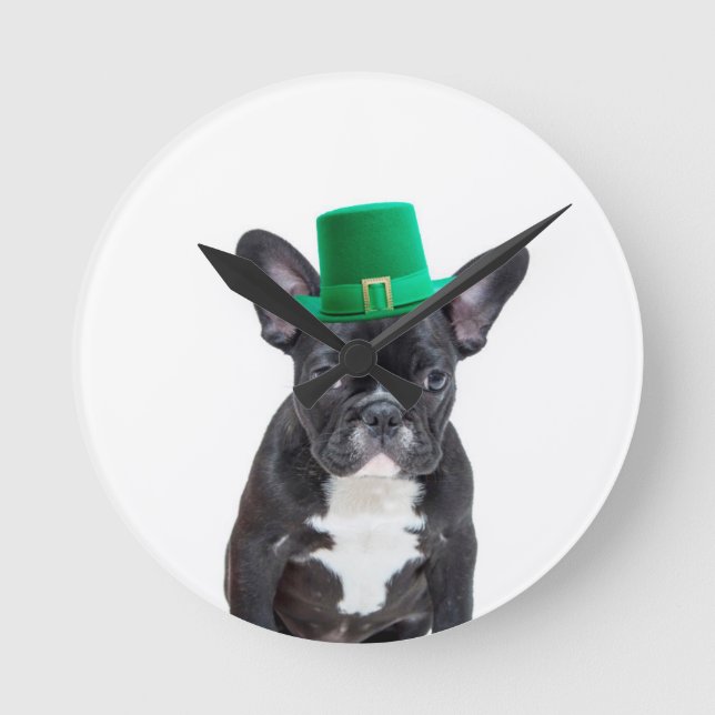 Cute French Bulldog with Hat St. Patrick's Day Round Clock (Front)