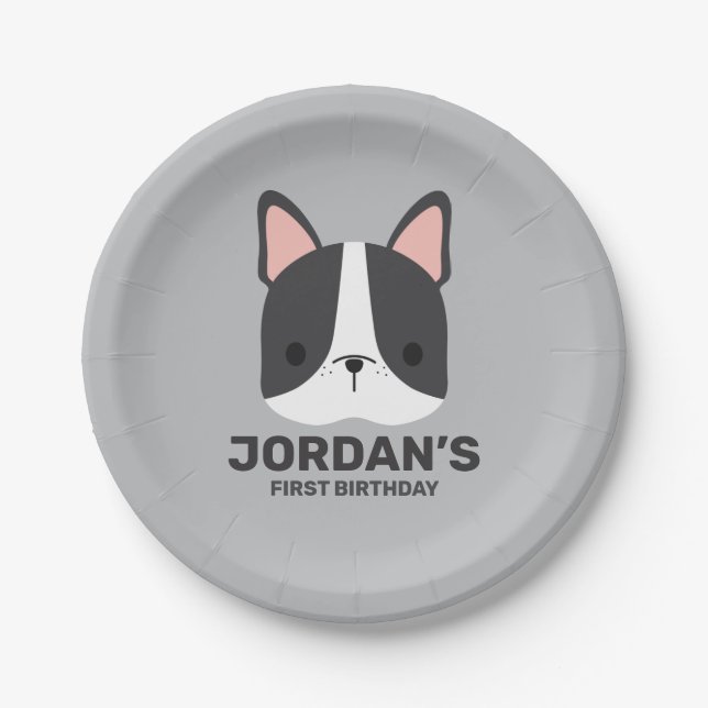 Cute French Bulldog with Personalised Name Paper Plate (Front)