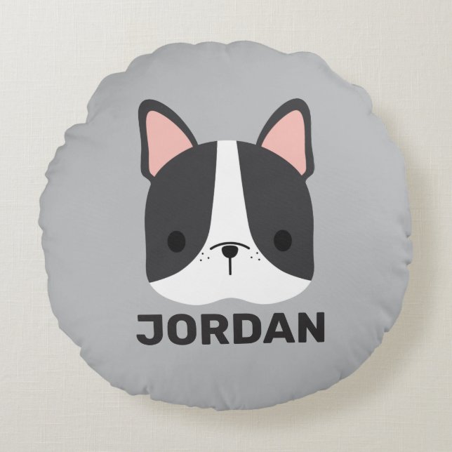 Cute French Bulldog with Personalised Name Round Cushion (Front)