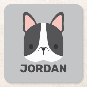 Cute French Bulldog with Personalised Name Square Paper Coaster