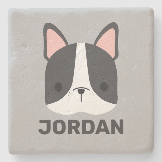 Cute French Bulldog with Personalised Name Stone Coaster (Front)