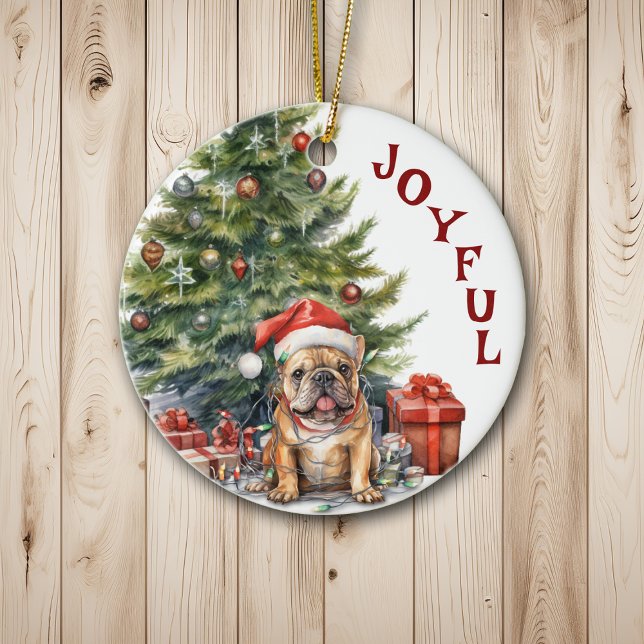 Cute French Bulldog Wrapped in Christmas Lights Ceramic Ornament (Creator Uploaded)