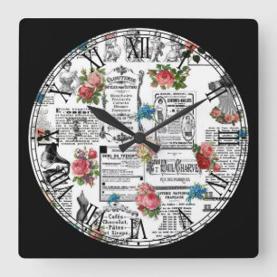 Cute French Newspaper Roman Numeral Square Wall Clock