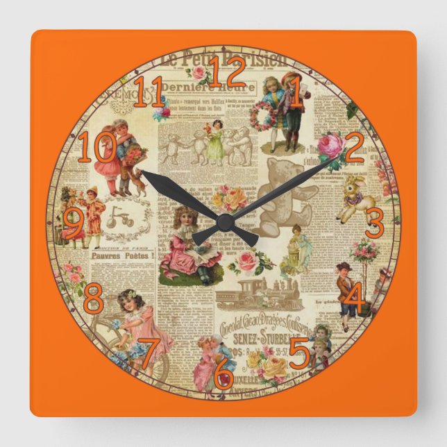 Cute French Newspaper Square Wall Clock (Front)
