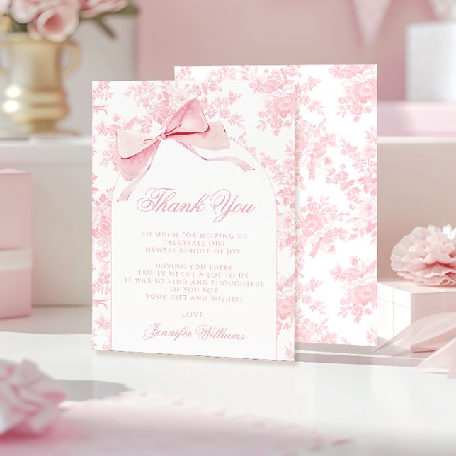 Cute French Pink Bow Floral Baby Girl Shower Thank You Card (Creator Uploaded)
