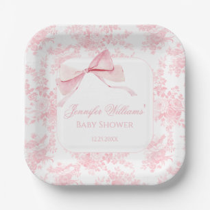Cute French Pink Toile Floral Bow Baby Girl Shower Paper Plate