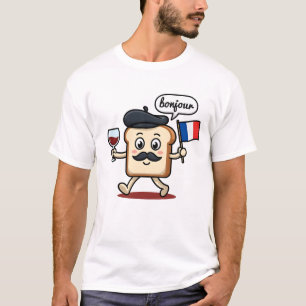 Cute French Toast Bonjour Beret Wine Flag Cartoon T-Shirt