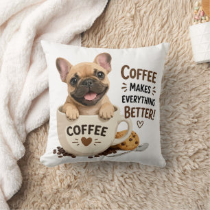 Cute Frenchie Coffee Lover Illustration Cushion