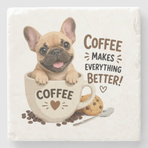 Cute Frenchie Coffee Lover Illustration Stone Coaster